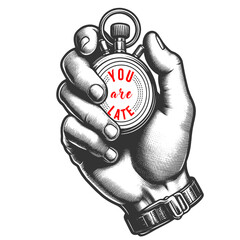 stopwatch with You are late text, emphasizing the importance of time sketch engraving generative ai fictional character vector illustration. Scratch board imitation. Black and white image. - obrazy, fototapety, plakaty