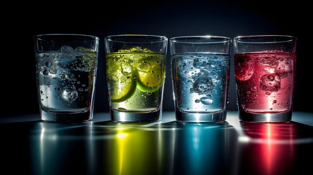 Four Colorful Drinks Illuminated in a glass with dark background.