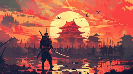 Samurai warrior in traditional armor amidst a battle scene at sunset. Artistic digital rendering with temple and soldiers