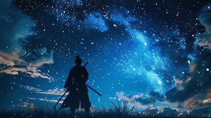 Silhouette of a samurai standing under a starry night sky. Digital art composition.
