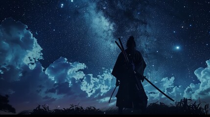 Silhouette of a warrior with swords against a Milky Way backdrop