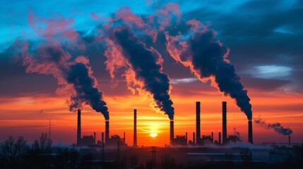 Obraz premium Factory chimneys against sunset sky