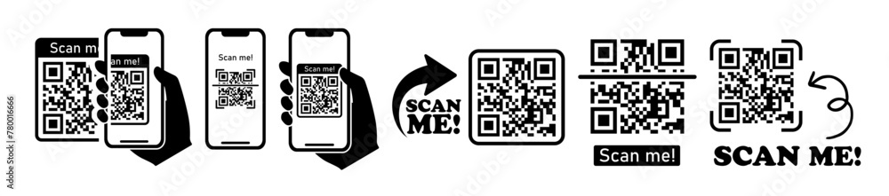 Fototapete qr code set. scan qr code icon. template scan me qr code for smartphone. payment hand with phone, sc