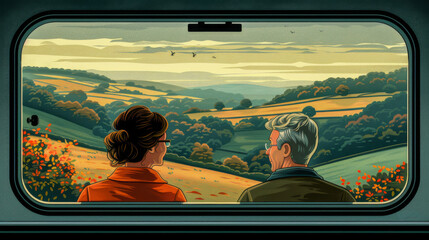 Create an illustration of a couple enjoying a scenic train - 780016808