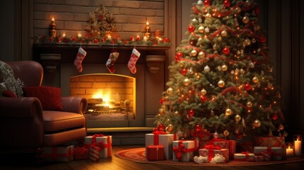 Obraz premium Experience the joy of the holidays in a living room adorned with a decorated Christmas tree, burning fireplace, and an array of festive gifts.