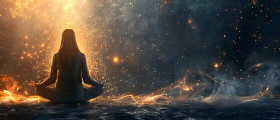 Meditative Silhouette Amidst Cosmic Energy. Concept Spiritual Awakening, Mindful Practices, Energy Healing, Inner Peace - obrazy, fototapety, plakaty