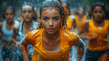 Obraz premium dynamic sport action shot, runners in the rain, all-around