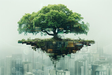 tree in digital space in a metropolis, a conceptual art piece depicting the harmony between technology and nature