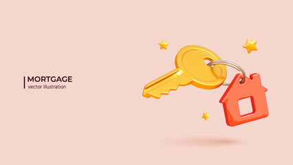 House keys mortgage loan concept. Realistic 3d design of Real estate agent give keys. 3D Vector illustration in cartoon minimal style. - 780017412