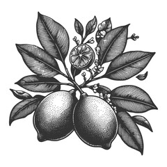 lemon branch with ripe lemons, blossoms, and a cut fruit segment sketch engraving generative ai fictional character vector illustration. Scratch board imitation. Black and white image.