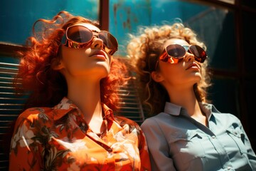 Stylish Women Wearing Sunglasses Posing in Sunlight - obrazy, fototapety, plakaty