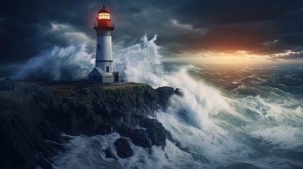Fototapeta na wymiar Coastal beacon's protective light: Against the stormy ocean, the lighthouse provides a sense of safety in the evening.