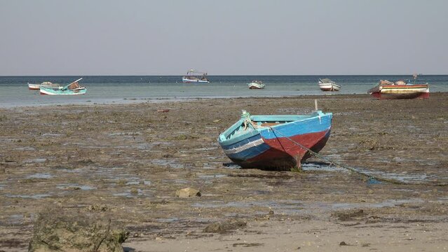 Colorful fishing boats are stranded on the beach during low tide, on the beautiful coastline of Djerba island in Tunisia
