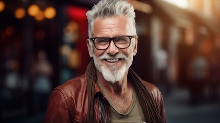 Senior hipster enjoying life, wearing glasses and radiating joy. Concept: Positive attitude at any age.