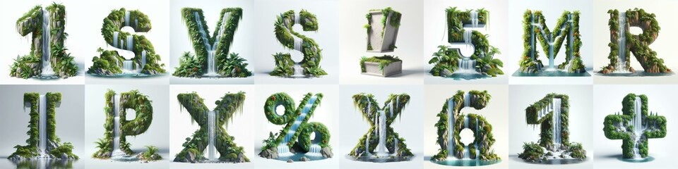 Fototapeta premium waterfall and lush lettering. AI generated illustration