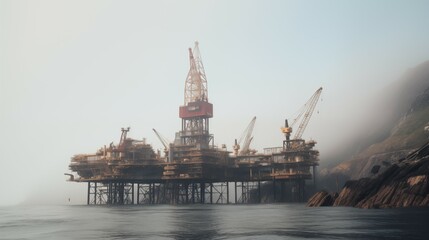 Fototapeta premium Distant photograph of far away oilrig seen from afar in the open ocean 
