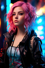 Fototapeta na wymiar Vibrant Pink-Haired Woman in Urban Nightlife Setting