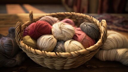 Obraz premium Craft heaven: a wicker basket filled with skeins of colorful yarn lying around.