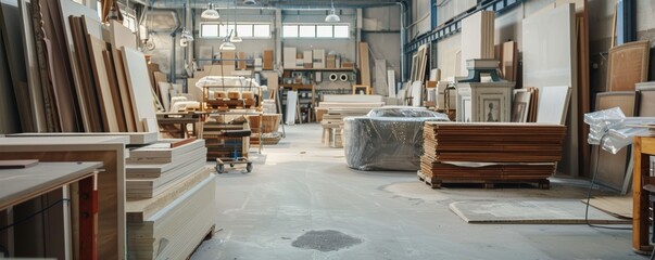 Interior of a woodworking workshop with assorted wooden boards and furniture. Industrial warehouse scene