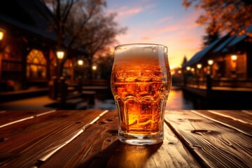 Sunset Ambiance with Chilled Beer on an Outdoor Wooden Table - obrazy, fototapety, plakaty