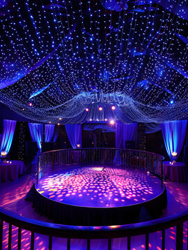 A dance floor with blue lights and pink lights