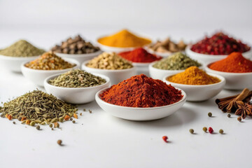 Small white bowls with different colorful seasonings on a white background. Fragrant spices, cooking, spicy food.
