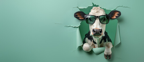 A whimsical cow wearing sunglasses seems to burst energetically through a green paper background