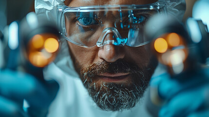 close-up of a man in safety glasses working in a laboratory - obrazy, fototapety, plakaty
