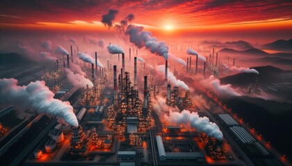 Industrial Sunset: Smokestacks and Emissions Over Factory Complex - obrazy, fototapety, plakaty