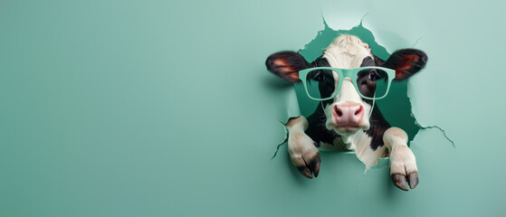 A mischievous cow with shades looks like it's emerging playfully from a green paper background - obrazy, fototapety, plakaty