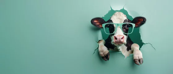 Deurstickers A mischievous cow with shades looks like it's emerging playfully from a green paper background © Fxquadro