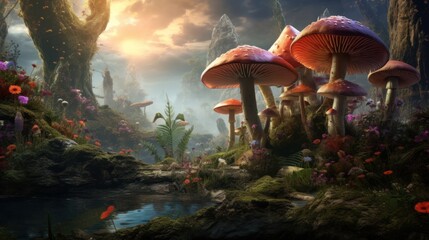 Fantasy Kingdom: sunlight breaks through the fog, illuminating a magical forest with a stream and huge mushrooms.