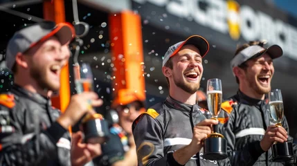  Formula One racing team celebrating victory with champagne on the winners' podium after a successful race.  © val