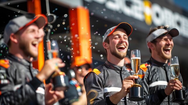 Formula One racing team celebrating victory with champagne on the winners' podium after a successful race.
