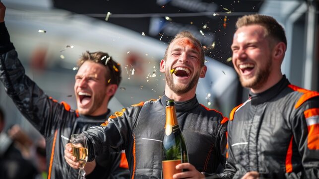 Formula One racing team celebrating victory with champagne on the winners' podium after a successful race.
