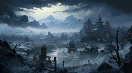 An eerie, snow-covered ancient city with traditional architecture under a dramatic mountainous backdrop
