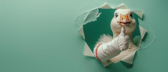 A creative and humorous image of a goose wearing an astronaut suit giving a thumbs up through a hole in the wall