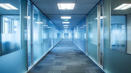 Contemporary office passage with blue tinted glass walls and carpet flooring. Modern corporate design