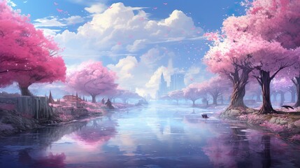 Vibrant pink cherry blossoms frame a waterway leading to a city in a dreamy, romantic scene