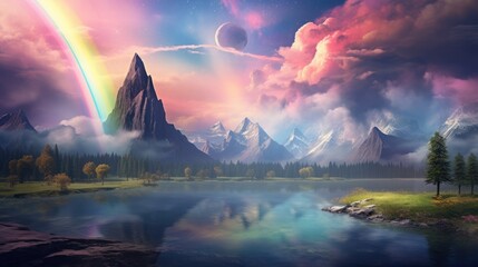 Aerial symphony: a futuristic mountain panorama, an ethereal dance of green, clouds, and rainbow colors.
