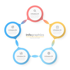 Circular infographic with 5 colored circles connected. Business process design with marketing icons. Vector illustration.
