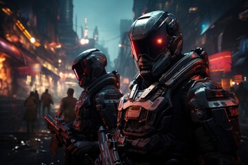 Fototapeta na wymiar Futuristic Cybernetic Soldiers Patrolling Rainy Cityscape at Night