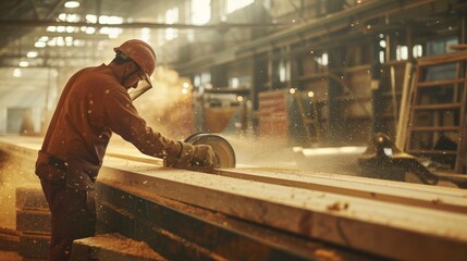Worker cutting timber with a circular saw in a woodworking factory. Industrial lumber processing with flying sawdust. - obrazy, fototapety, plakaty