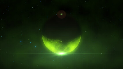 Cinematic rendering of alien green planet during sunrise, view from space. Concept of exploring...