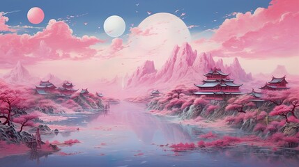 This fantasy artwork brings a dreamy pink landscape to life, featuring traditional Asian...