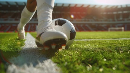 Soccer player performing kick-off in a stadium. Close-up of foot and soccer ball on the pitch. - obrazy, fototapety, plakaty