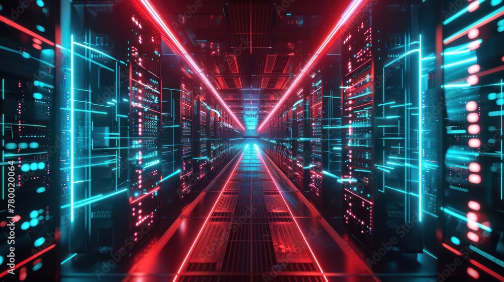Poster data center full of computers ,high internet visualization.