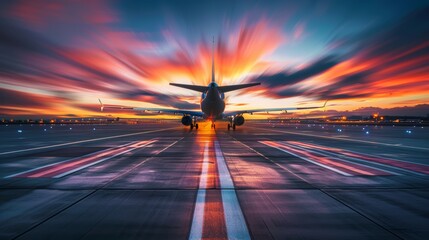 Commercial airplane on runway with dynamic motion blur sky at sunset - obrazy, fototapety, plakaty