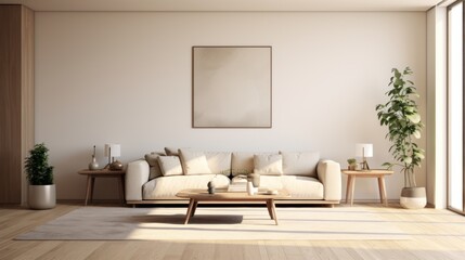 Fototapeta na wymiar Contemporary living room concept with light-colored furniture, a cozy rug, and stylish wall decorations.
