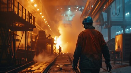 Worker in protective gear observing steel production process in industrial furnace. - obrazy, fototapety, plakaty